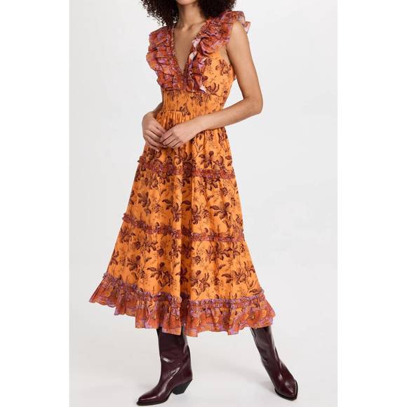 NEW LOVE THE LABEL azalea ruffled midi dress in beryl mango print - Picture 2 of 3